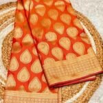 Women's Orange Katan Silk Saree with Blouse, Festival Wear, 8.5 Meters
